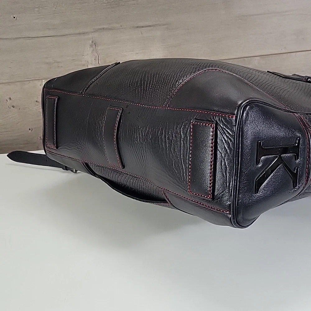 Karpassi Black Leather Briefcase Laptop Bag with Red Stitching